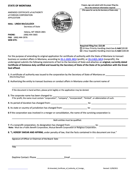 Amended Certificate Of Authority Of Foreign Corporation Application - Montana Secretary Of State Printable pdf