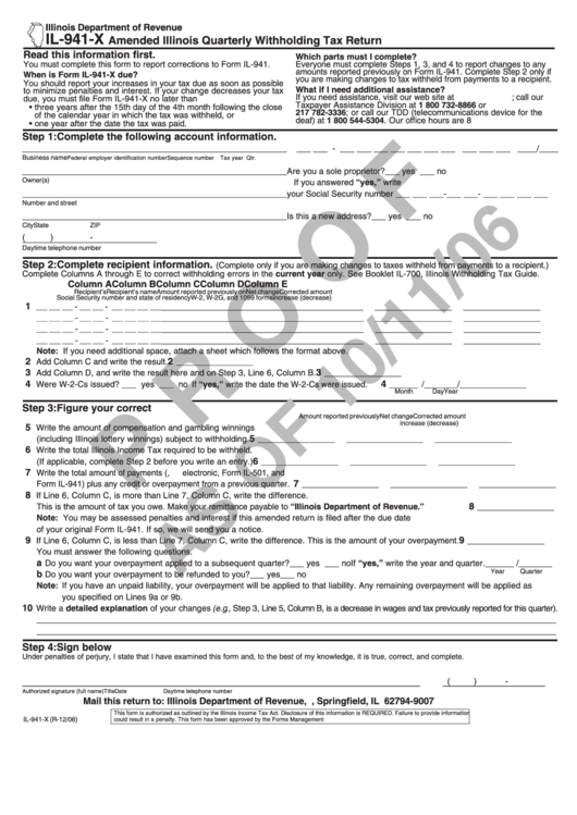 Form Il-941-X - Amended Illinois Quarterly Withholding Tax Return Printable pdf