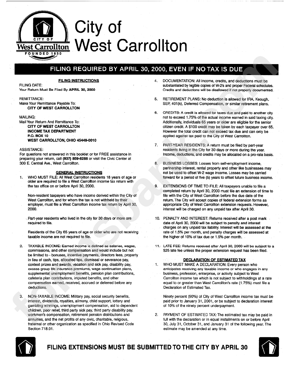 Instructions For Income Tax Return -T City Of Carrollton - 2000