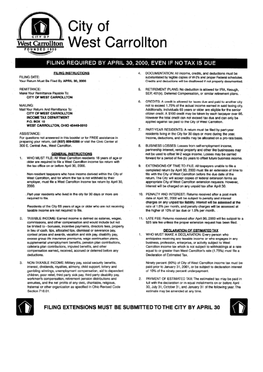 Instructions For Income Tax Return -T City Of Carrollton - 2000 Printable pdf