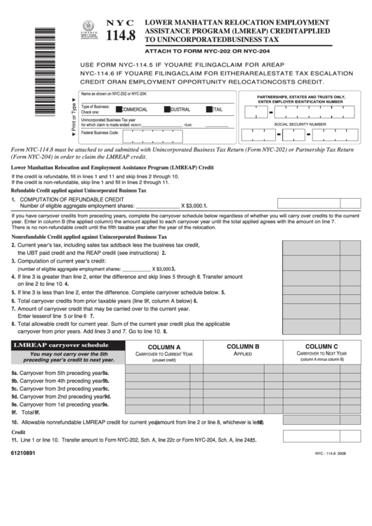 Form Nyc-114.8 - Lmreap Credit Applied To Unincorporate Business Tax Printable pdf