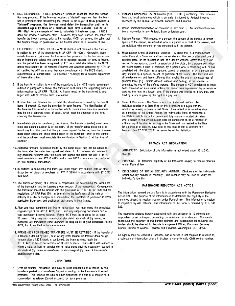 Instructions For Form Atf F 4473 - Firearms Trasaction Record - U.s Department Of Justice