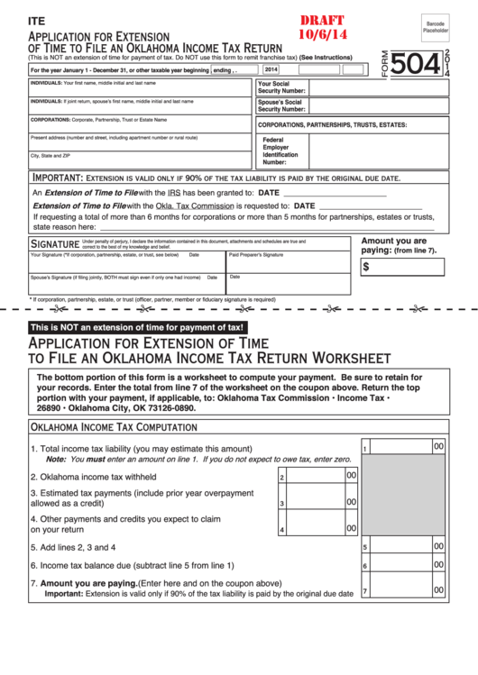 Form 504 Draft - Application For Extension Of Time To File An Oklahoma Income Tax Return - 2014 Printable pdf