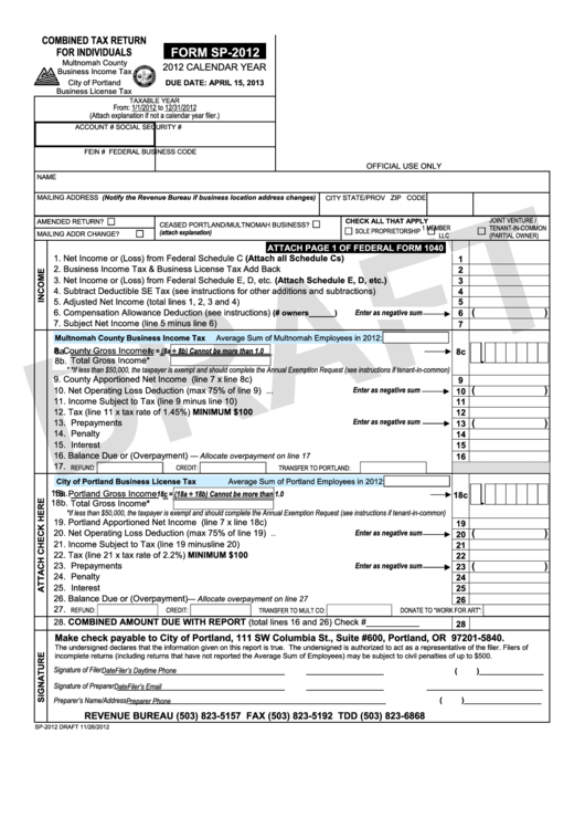 Form Sp-2012 Draft - Combined Tax Return For Individuals Printable pdf