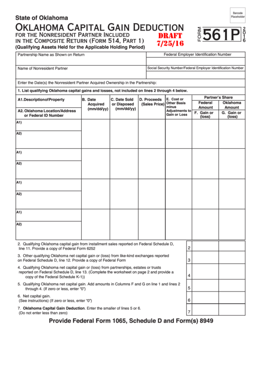 Form 561p Draft - Oklahoma Capital Gain Deduction For The Nonresident Partner Included In The Composite Return - 2016 Printable pdf