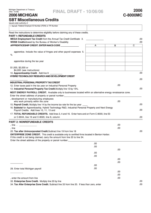 Form C-8000mc Draft - Sbt Miscellaneous Credits - 2006 Printable pdf