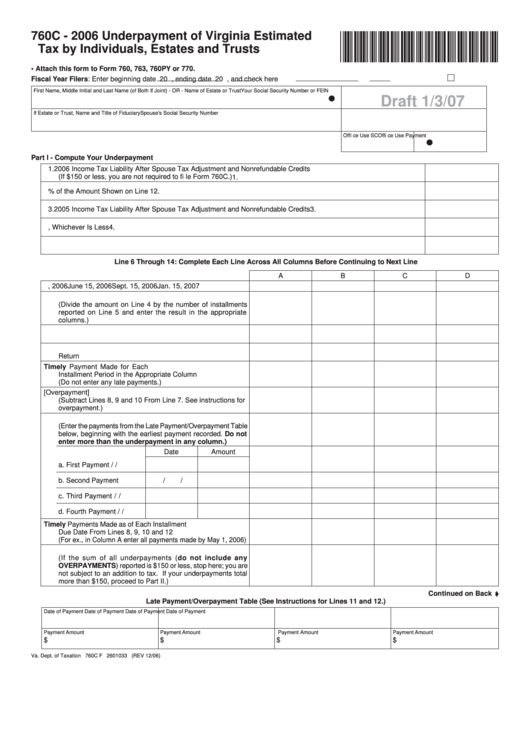 Form 760c - Underpayment Of Virginia Estimated Tax By Individuals, Estates And Trusts - 2006 Printable pdf