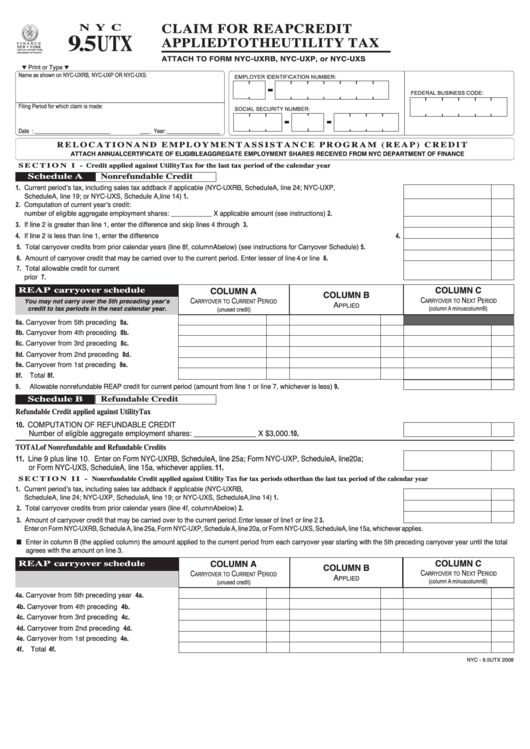Form Nyc-9.5utx - Claim For Reap Credit Applied To The Utility Tax - 2008 Printable pdf
