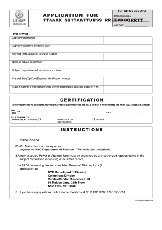 Application For Tax Status Report Form - Nyc Department Of Finance Printable pdf