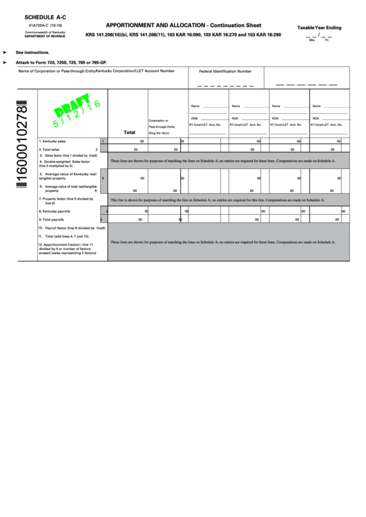 Schedule A-C (Form 41a720a-C) Draft - Apportionment And Allocation - Continuation Sheet - 2016 Printable pdf