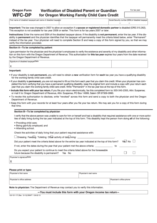 Oregon Form Wfc-Dp - Verification Of Disabled Parent Or Guardian For Oregon Working Family Child Care Credit - 2015 Printable pdf