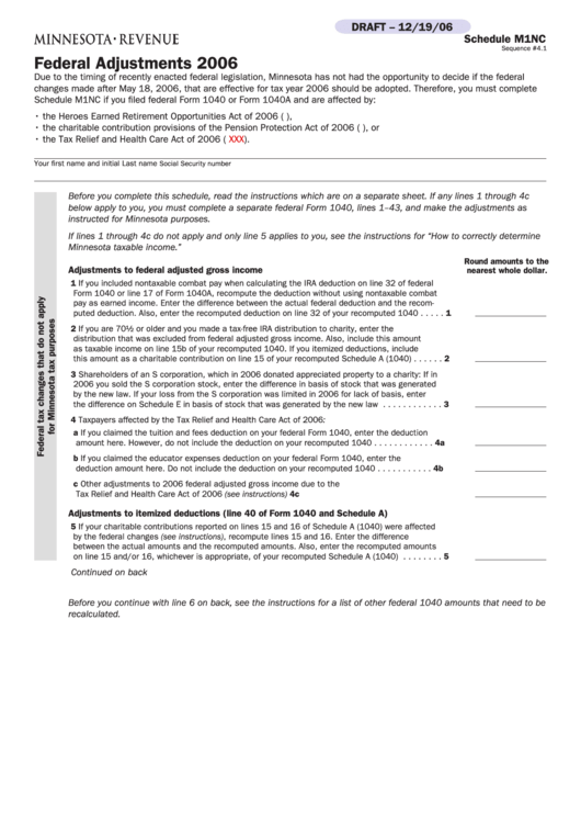 Schedule M1nc - Federal Adjustments 2006 Printable pdf