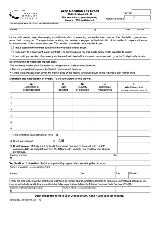 Form 150-101-240 Draft - Crop Donation Tax Credit - 2015 Printable pdf