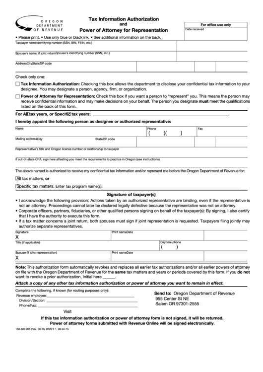 Form 150-800-005 Draft - Tax Information Authorization And Power Of Attorney For Representation - Oregon Department Of Revenue Printable pdf
