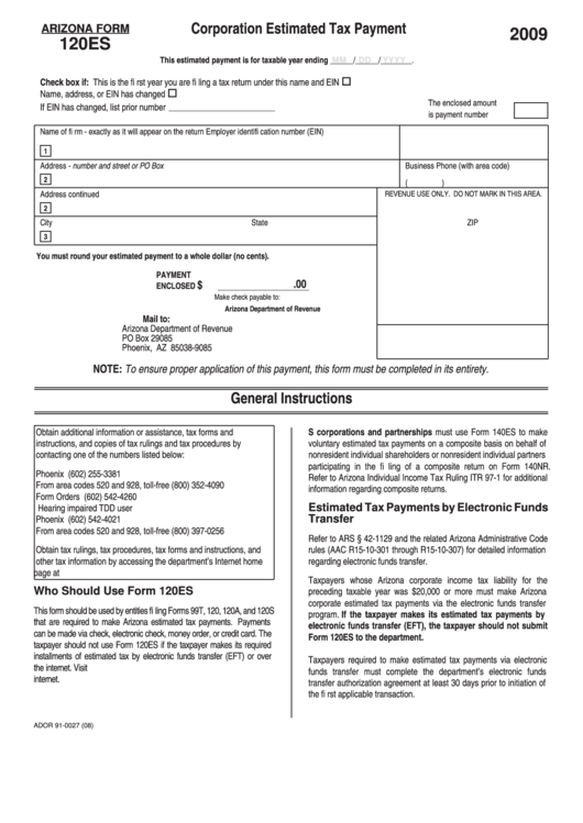 Arizona Form 120es - Corporation Estimated Tax Payment - 2009 Printable pdf