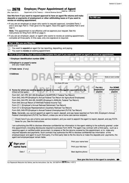 Form 2678 Draft - Employer/payer Appointment Of Agent With Instructions - 2011 Printable pdf