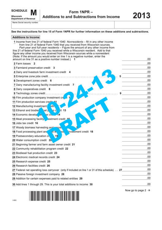 Form 1npr - Additions To And Subtractions From Income - 2013 Printable pdf