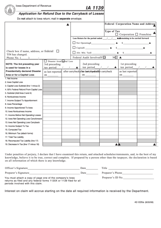 Form Ia 1139 - Application For Refund Due To The Carryback Of Losses - 2008 Printable pdf