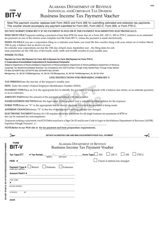 Form Bit-V Draft - Business Income Tax Payment Voucher - Alabama Department Of Revenue Printable pdf