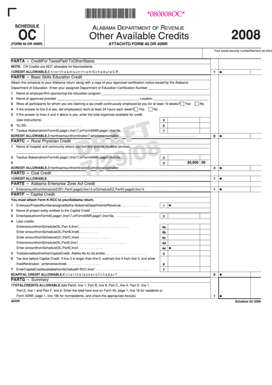 Form 40 Or 40nr Draft - Schedule Oc - Other Available Credits - 2008 Printable pdf