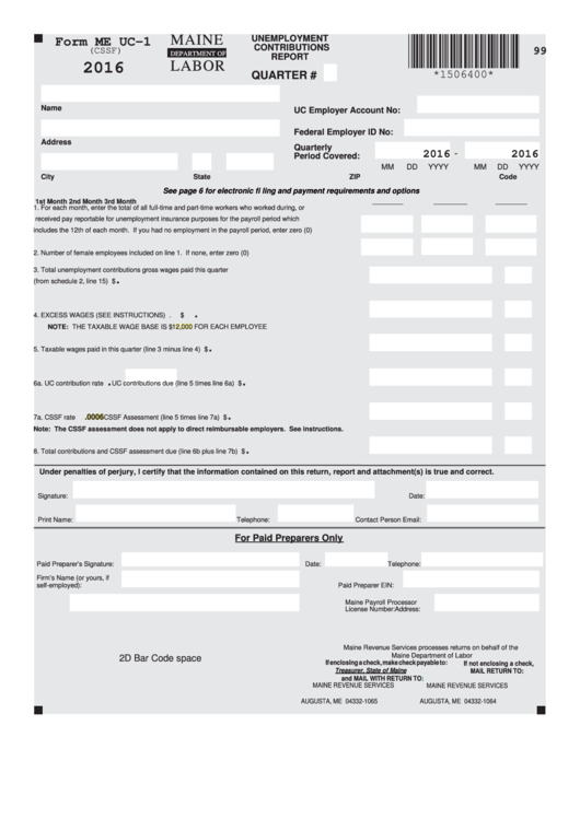 Form Me Uc-1 - Unemployment Contributions Report - Maine Department Of Labor - 2016 Printable pdf