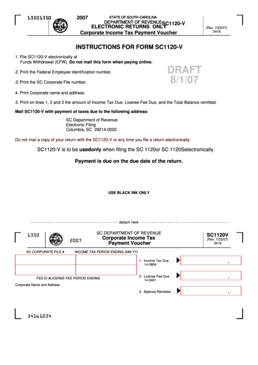 Form Sc1120-V Draft - Corporate Income Tax Payment Voucher Printable pdf