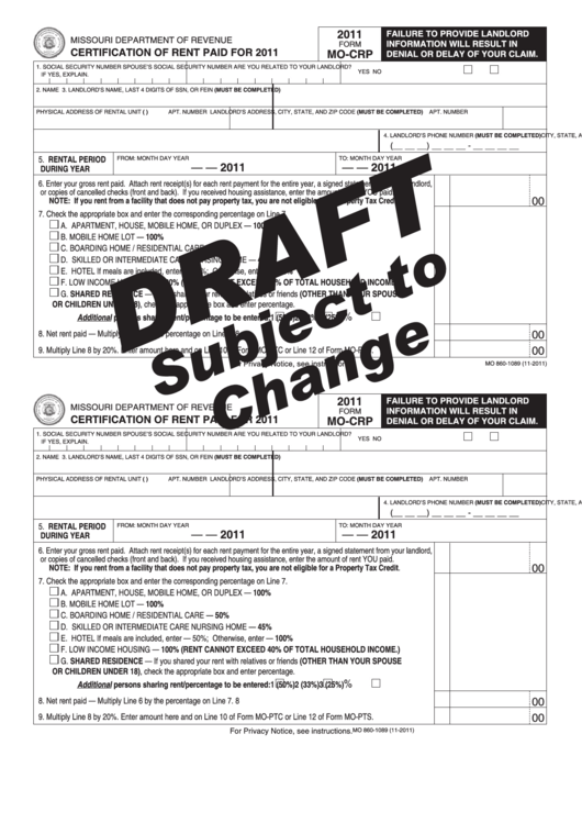 Form Mo-Crp Draft - Certification Of Rent Paid For 2011 Printable pdf