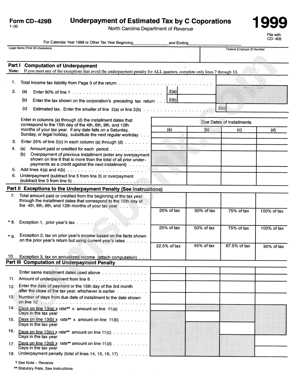 Form Cd-429b - Underpayment Of Estimated Tax By C Corporations - 1999