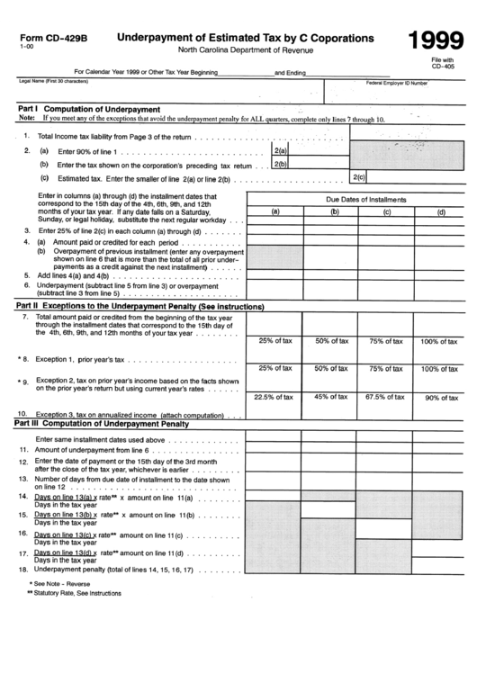 Form Cd-429b - Underpayment Of Estimated Tax By C Corporations - 1999 Printable pdf