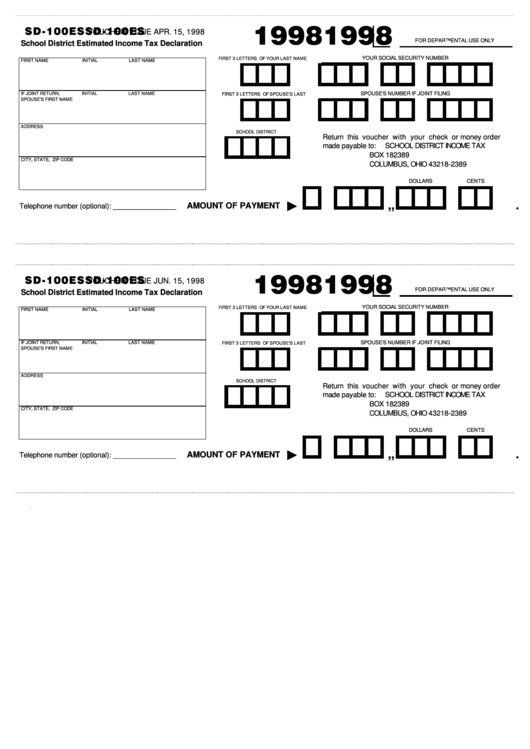 Fillable Form Sd-100es - School District Estimated Income Tax Declaration - 1998 Printable pdf