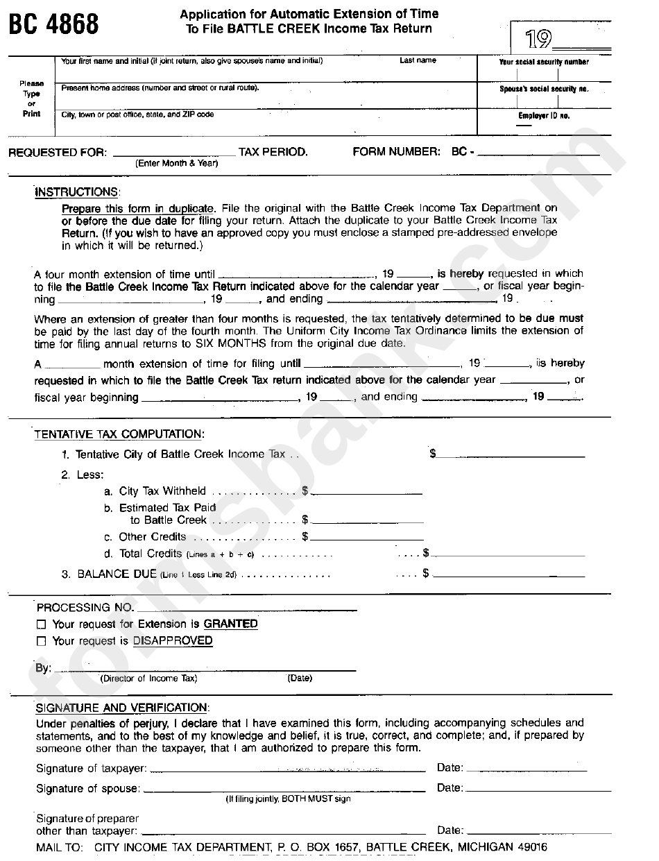 Form Bc 4868 - Application For Automatic Extension Of Time To File Battle Creek Income Tax Return