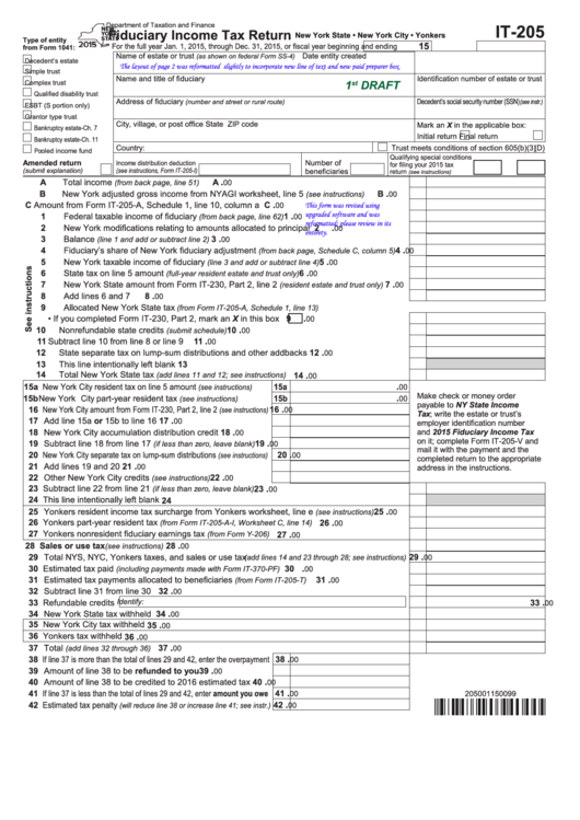 Form It-205 Draft - Fiduciary Income Tax Return - New York State Department Of Taxation Printable pdf