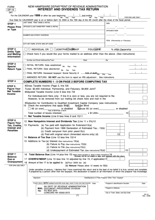 Form Dp-10 - Interest And Dividends Tax Return 1999 Printable pdf