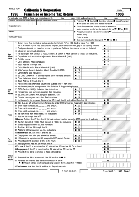 Fillable Form 100s - California S Corporation Franchise Or Income Tax Return - 1998 Printable pdf