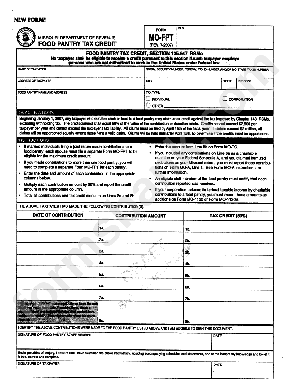 Form Mo-Fpt - Food Pantry Tax Credit - Missouri Deaprtment Of Revenue