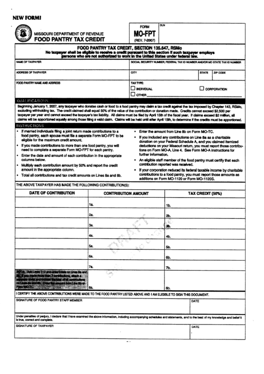 Form Mo-Fpt - Food Pantry Tax Credit - Missouri Deaprtment Of Revenue Printable pdf