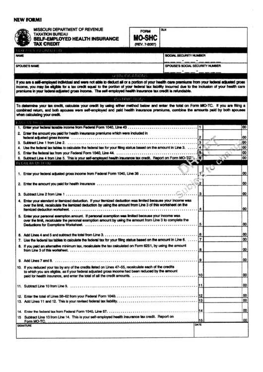 Form Mo-Shc Draft - Self-Employed Health Insurance Tax Credit - Missouri Department Of Revenue Printable pdf