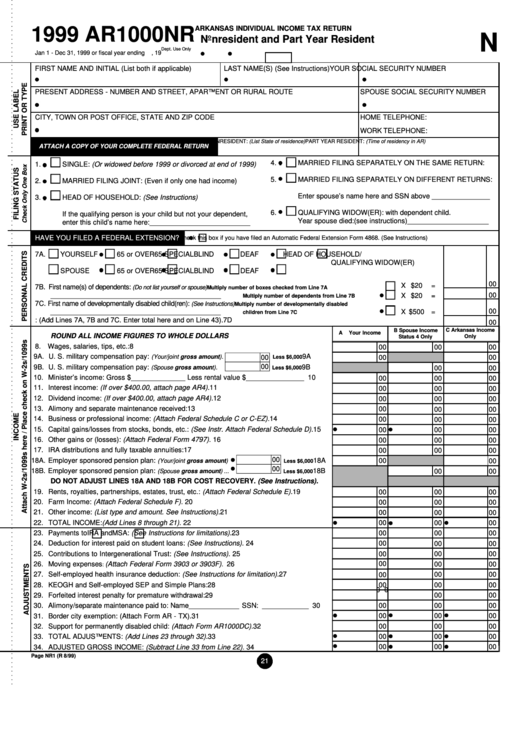 Form Ar1000nr - Arkansas Individual Income Tax Return Nonresident And Part Year Resident - 1999 Printable pdf
