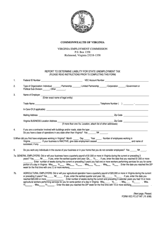 Form Vec-Fc-27 Int - Report To Determine Liability For State Unemployment Tax - 1998 Printable pdf