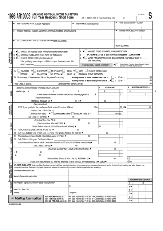 Fillable Form Ar1000s - Arkansas Individual Income Tax Return Full Year Resident / Short Form - 1998 Printable pdf