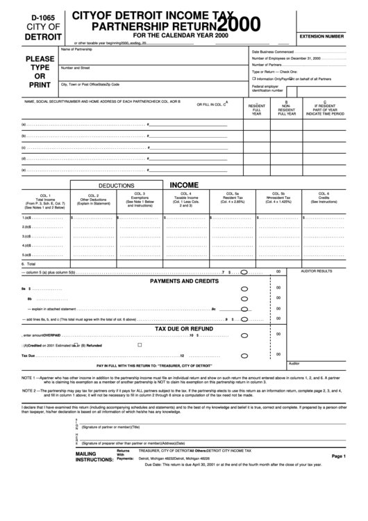 Form D-1065 - City Of Detroit Income Tax Partnership Return - 2000 Printable pdf