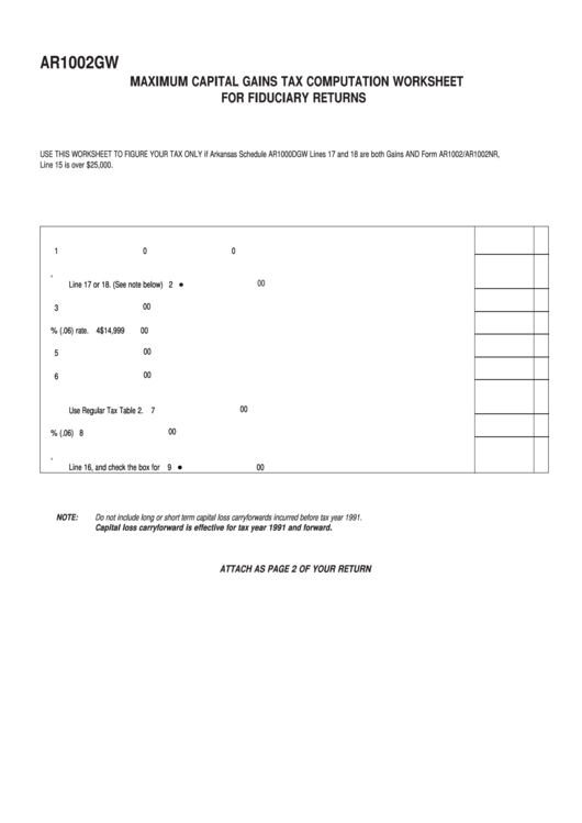 Fillable Form Ar1002gw - Maximum Capital Gains Tax Computation Worksheet For Fiduciary Returns Printable pdf