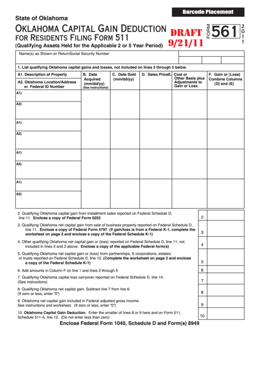 Form 561 Draft - Oklahoma Capital Gain Deduction For Residents - 2011 Printable pdf