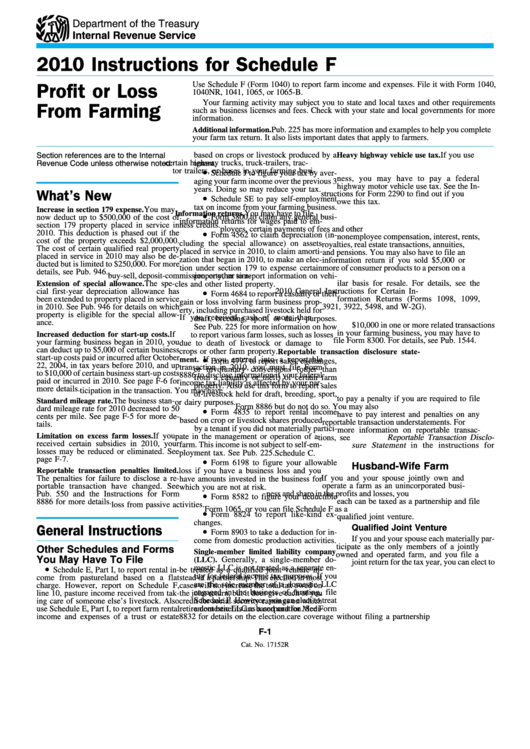 Instructions For Schedule F - Profit Or Loss From Farming - 2010 Instructions For Schedule F - Profit Or Loss From Farming - 2010