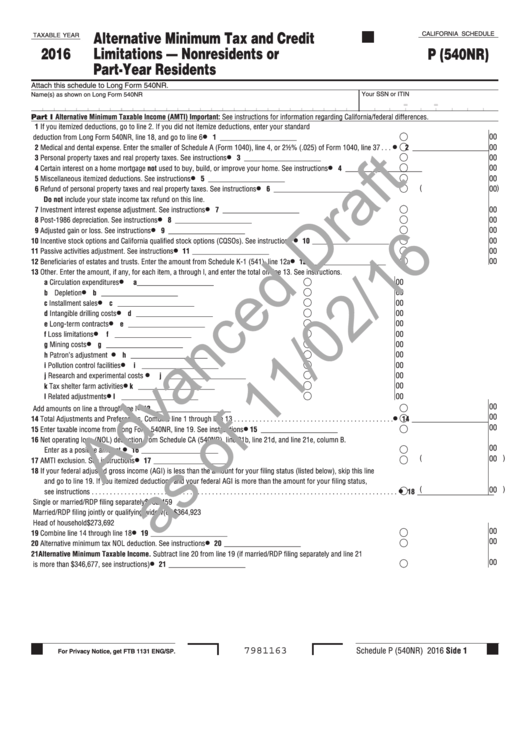 California Schedule P (540nr) Draft - Alternative Minimum Tax And Credit Limitations - 2016 Printable pdf