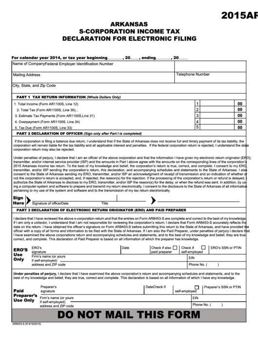 Fillable Form Ar8453-S - Arkansas S-Corporation Income Tax - Declaration For Electronic Filing - 2015 Printable pdf