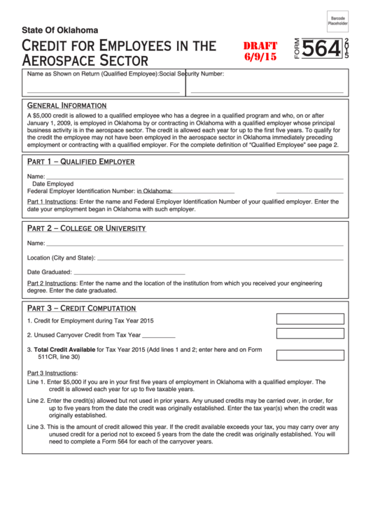 Form 564 Draft - Credit For Employees In The Aerospace Sector - 2015 Printable pdf