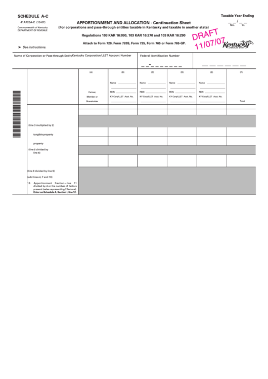 Schedule A-C Draft - Apportionment And Allocation - Continuation Sheet - Kentucky Department Of Revenue - 2007 Printable pdf