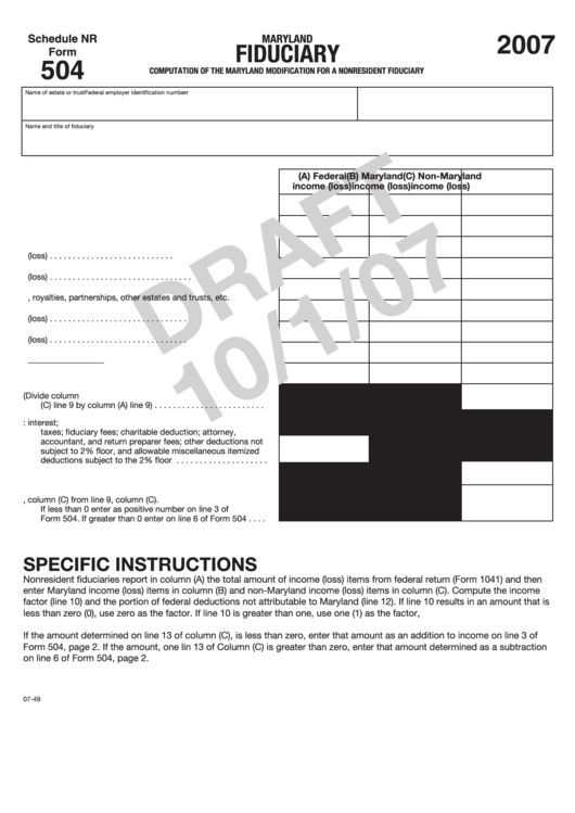 Form 504 Draft - Schedule Nr Draft - Computation Of The Maryland Modification For A Nonresident Fiduciary - 2007 Printable pdf