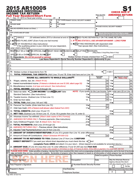 Form Ar1000s - Arkansas Individual Income Tax Return - 2015 Printable pdf